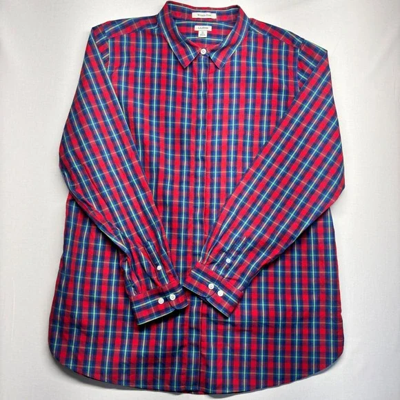 LL Bean Mens XL Red Blue Plaid Wrinkle Free Cotton Button Down Shirt 503451 - Picture 2 of 8